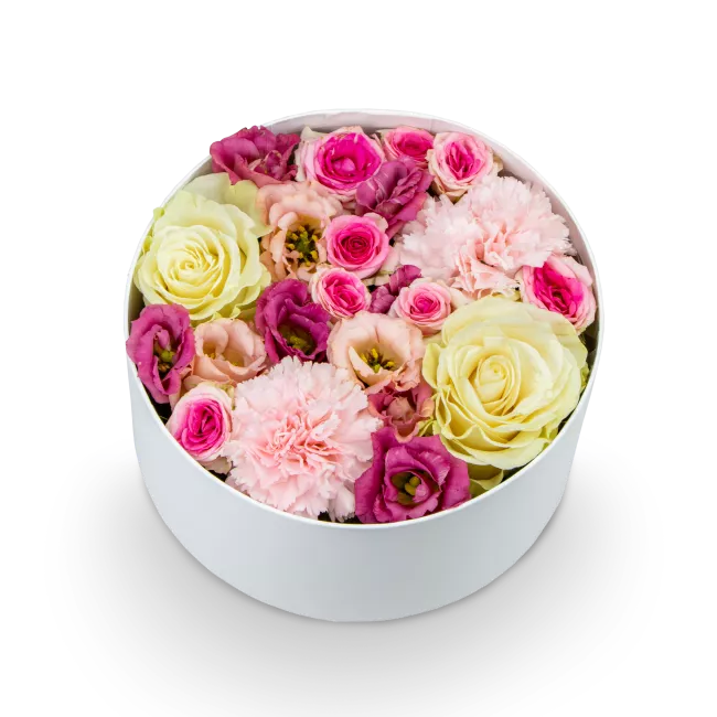 Box růžových květin zavřený